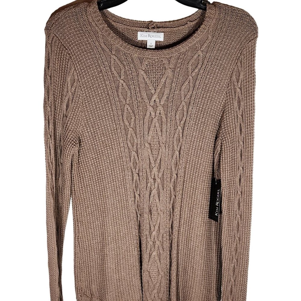 Kim Rogers Small Taupe Cable Knit Round‎ Neck Pullover Sweater NWT